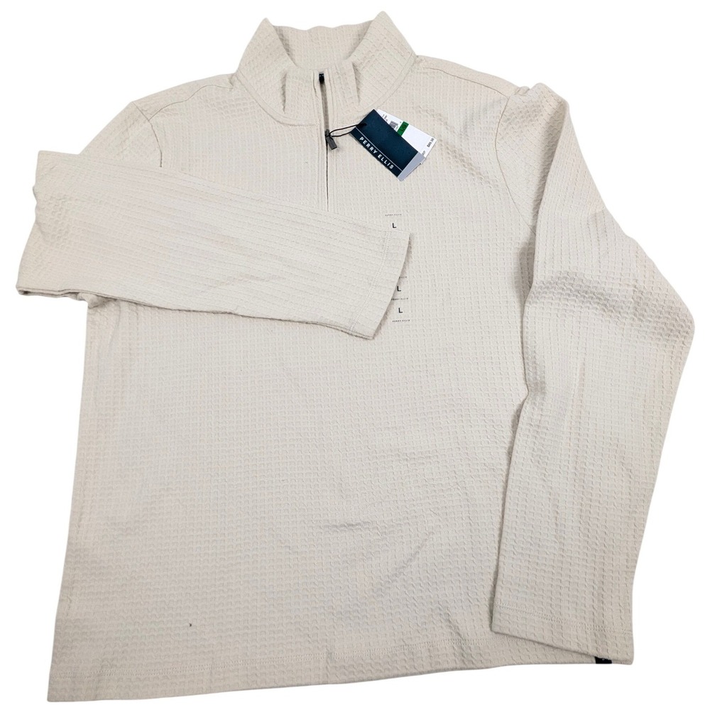 Perry Ellis Mens Waffle Knit Quarter Zip Pullover Cream Cotton Mock Neck Large - Picture 2 of 13